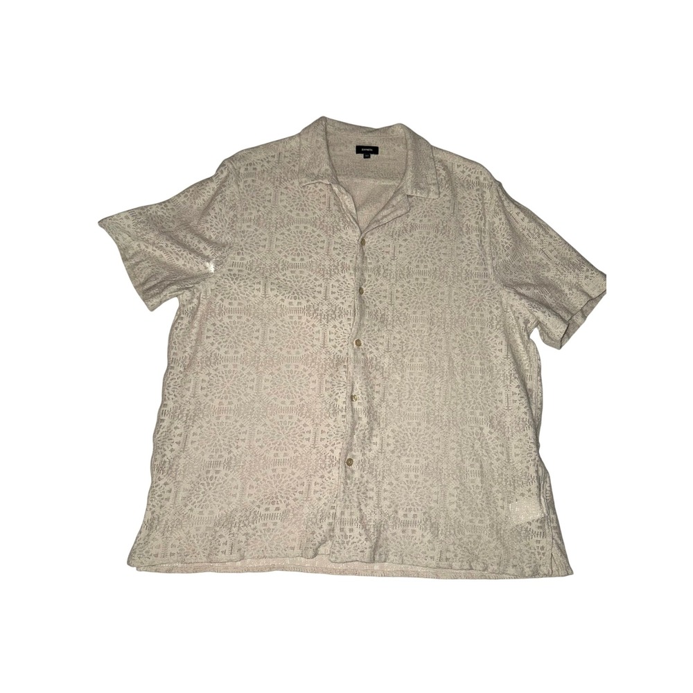 Express Button Down Mens L Tan Crochet Knit Short Sleeve Camp Shirt